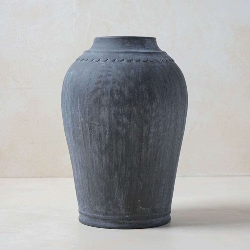 Magnolia Scalloped Black Vase - Large - Distressed Finish,‎ Ceramic